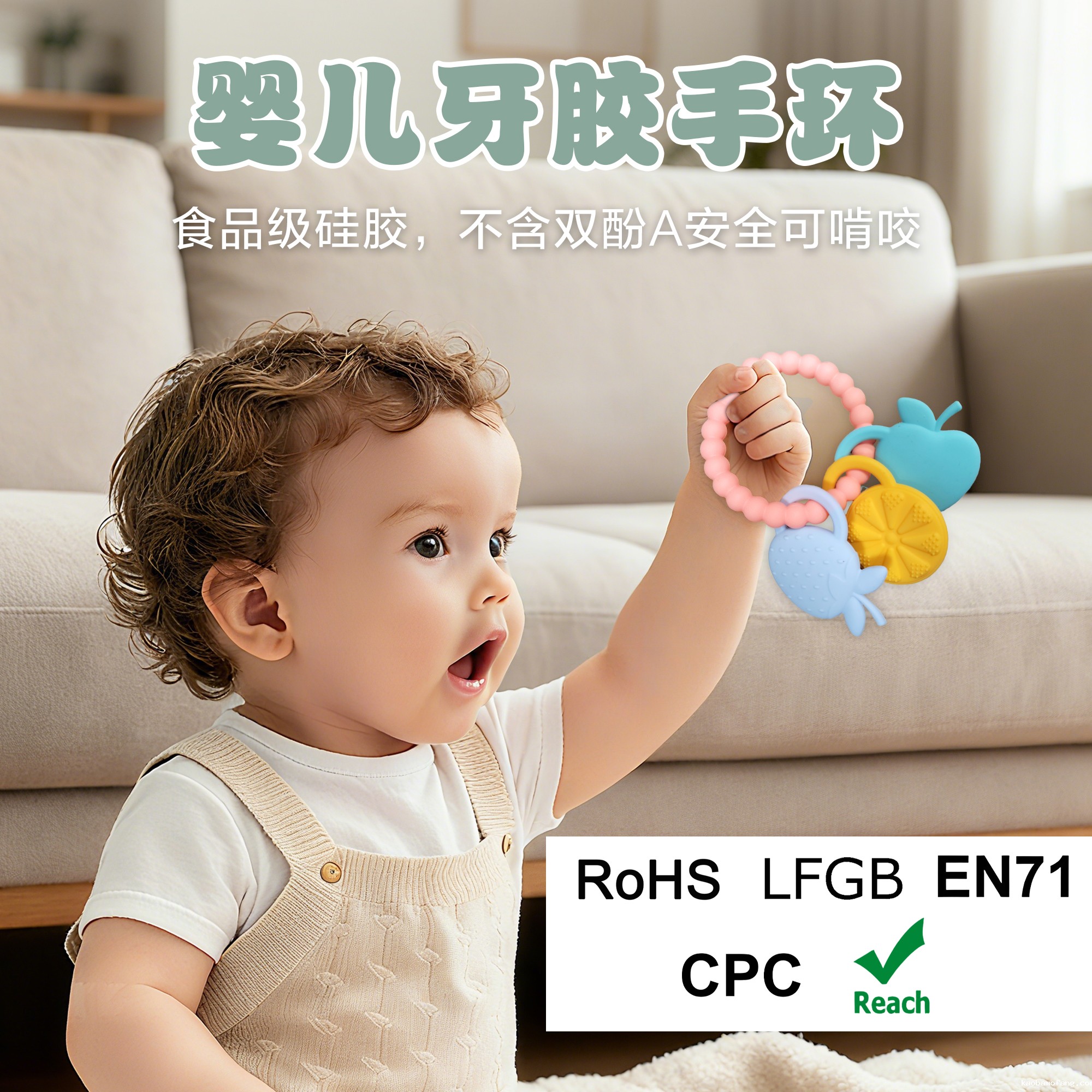 亚马逊新生婴儿硅胶牙胶防吃手圆环食品级可握咬玩具手环母婴牙胶